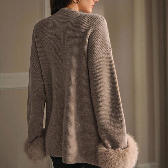 Khaki Casual Women's Rhinestone Knit Top with Faux Fur Trim - Picture 2 of 6